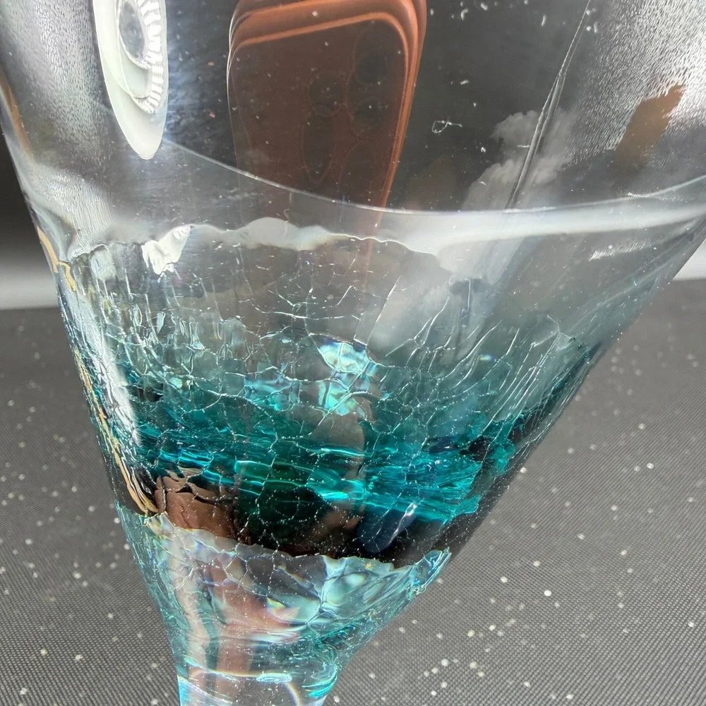 Pier 1 Teal Blue Crackle Glass Martini Glasses Cocktail Stemware‎ Cups Set of 2